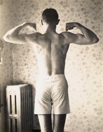 (SNAPSHOTS) Group of 4 photographs of a guy in white shorts posing and flexing for the camera.